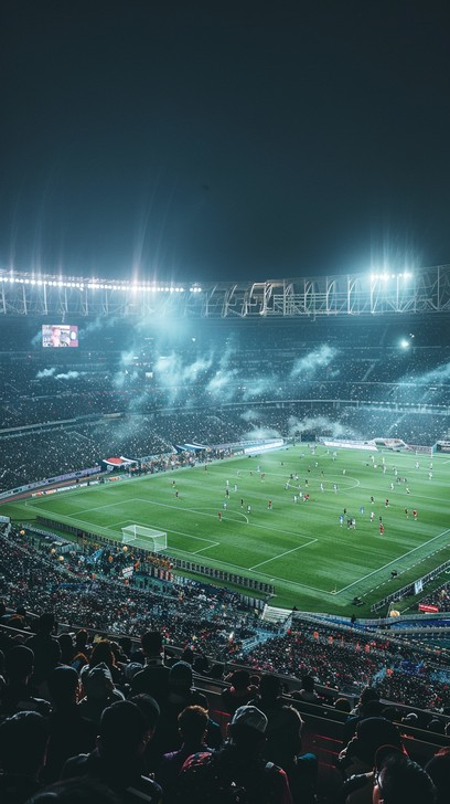 Floodlit stadium at night with a full crowd during a live football match